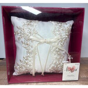 Elegant Ivory Wedding Ring Pillow With Satin Lace Trim Rhinestone Embellishment